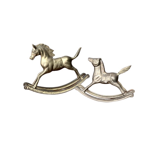 Children's Pair of Vintage Solid Brass Rocking Horse Figurines With Patina. For Sale - Image 3 of 18