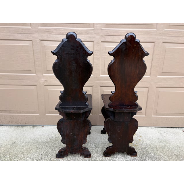 Antique 19th Century Italian Renaissance Hand Carved Walnut Hall Chairs, Pair For Sale - Image 10 of 10