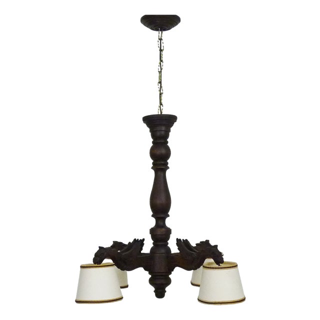 Dragon 4-Light Chandelier in Hand-Carved Wood, 1950s For Sale