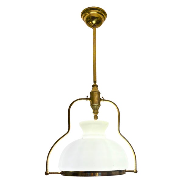 1950 French Mid-Century Brass & Opaline Glass Pendant Light For Sale - Image 4 of 7