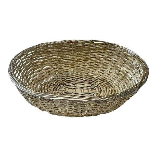 Vintage Oval Silver Handwoven Bread Basket For Sale
