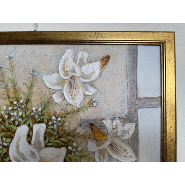 Beige Vintage Ramon Textured Floral Still Life Painting Lilies Framed Canvas Art For Sale - Image 8 of 12