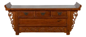 Chinese Elm Three-Drawer Kang Cabinet with Everted Flanges and Carved Spandrels