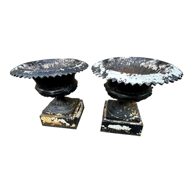 Late 19th Century Victorian Cast Iron Garden Urns - A Pair For Sale