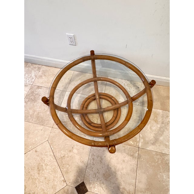Vintage Sculptural Palm Beach Style Rattan Coffee Table With Round Glass Top, C. 1970s For Sale In Miami - Image 6 of 9