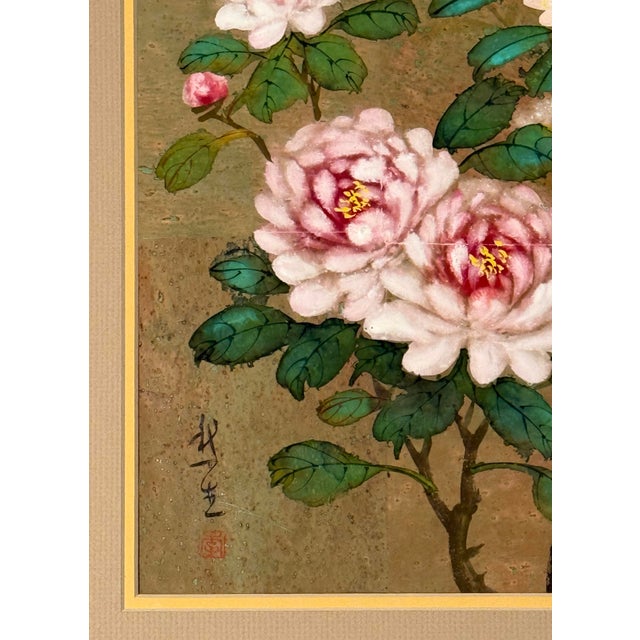 Paper Original Chinese Floral Painting With Birds, Signed, Custom Mat For Sale - Image 7 of 12