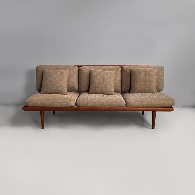 Denmark mid-century modern beige fabric and wood sofa Minerva by Peter Hvidt for France & Daverkosen, 1960s Minerva three-...