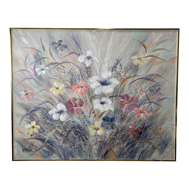 Large Signed Lee Reynolds Floral Still Life Painting in Original Brass Frame For Sale