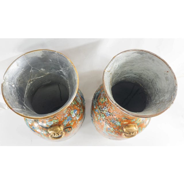 19th Century Pair of Chinese Export Straits Porcelain Vases in Orange, as Is Repaired For Sale - Image 11 of 12