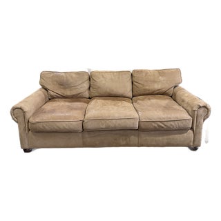 Restoration Hardware Lancaster Luxe Extra-Deep Tan Leather Three-Seat Sofa For Sale