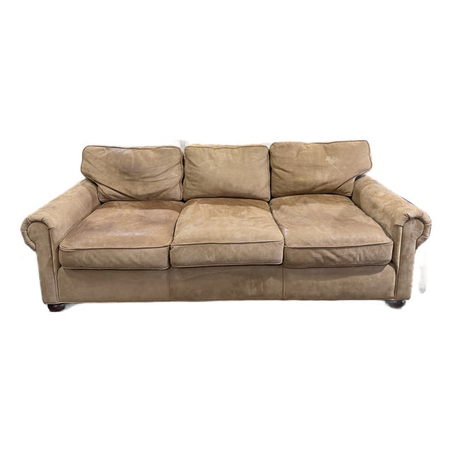 Restoration Hardware Lancaster Luxe Extra-Deep Tan Leather Three-Seat Sofa For Sale