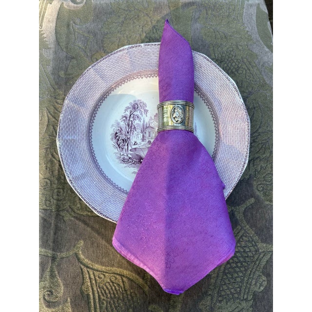 A set of 6 dyed linen damask dinner napkins, starched, pressed and ready to serve