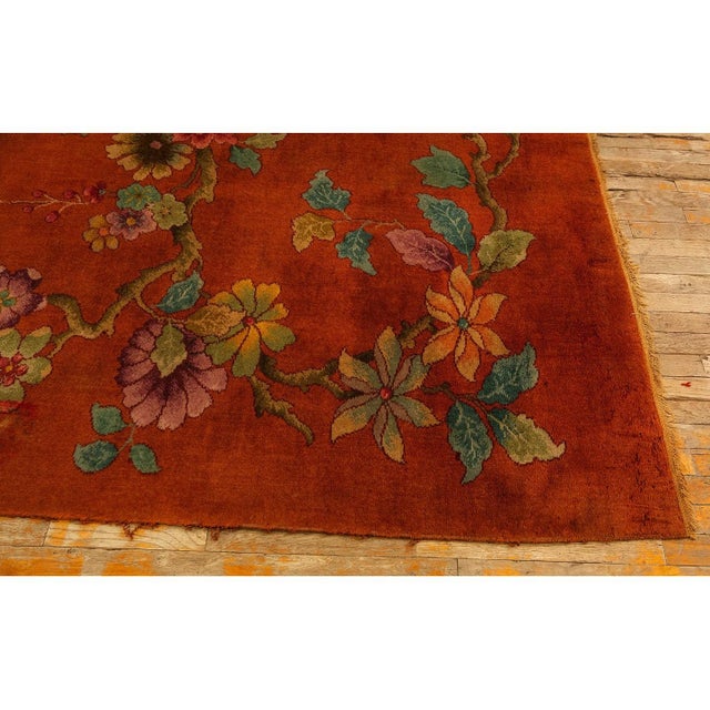1920s Modern Square Orange Bold Floral Knotted Wool Antique Chinese Art Deco Rug For Sale - Image 4 of 7
