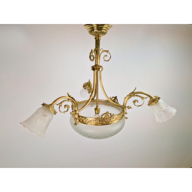 Gold Antique Art Deco Glass and Bronze Chandelier, France, 1930s For Sale - Image 8 of 14
