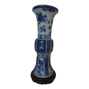 Vintage Chinese Blue & White Breaker Vase With Stand