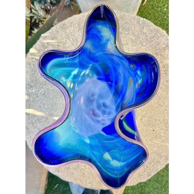 Large Blue Swirl Ruffled Handkerchief Art Glass Vase | Studio Glass Fazzoletto 15"h Artist Signed For Sale - Image 12 of 18