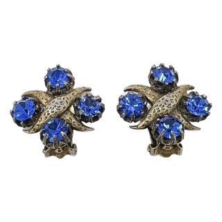Christian Dior by Mitchel Maer 1950s Blue Rhinestone Vintage Earrings - 2 pieces For Sale