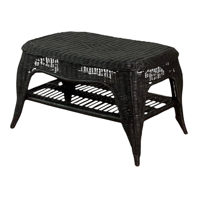 French Small Wicker Woven Coffee Table in Black With Lower Rattan Shelf, C. 1970 For Sale