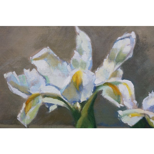 Vintage Still Life Oil Painting White Irises in Glass Vase Realism Framed For Sale - Image 10 of 11
