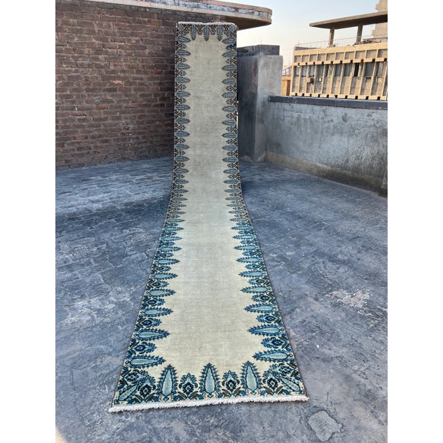 Beige Vintage Handmade Wool Runner Rug | 19 Ft Moroccan Style Entryway Rug For Sale - Image 8 of 8