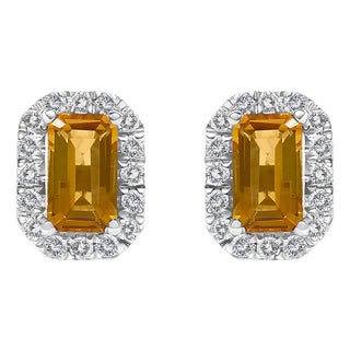 10K White Gold 5x3mm Emerald-Cut Orange Citrine and 1/7 Cttw Diamond Halo Octagonal Stud Earrings (I-J Color, I1-I2 Clarity) For Sale