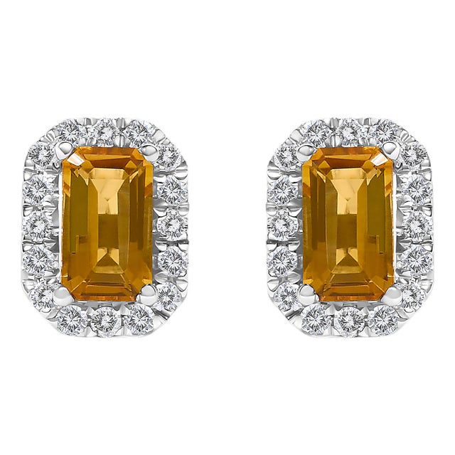 10K White Gold 5x3mm Emerald-Cut Orange Citrine and 1/7 Cttw Diamond Halo Octagonal Stud Earrings (I-J Color, I1-I2 Clarity) For Sale