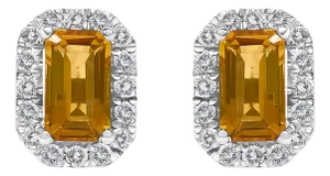 10K White Gold 5x3mm Emerald-Cut Orange Citrine and 1/7 Cttw Diamond Halo Octagonal Stud Earrings (I-J Color, I1-I2 Clarity)