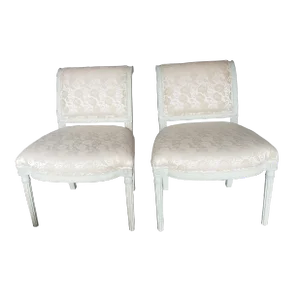 Pair of French Country Mahogany and Upholstered Slipper Lounge Chairs