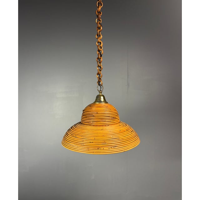 Wood Mid-Century Italian Pencil Reed Rattan Bamboo and Brass Pendant Lamp, 1970s For Sale - Image 7 of 17