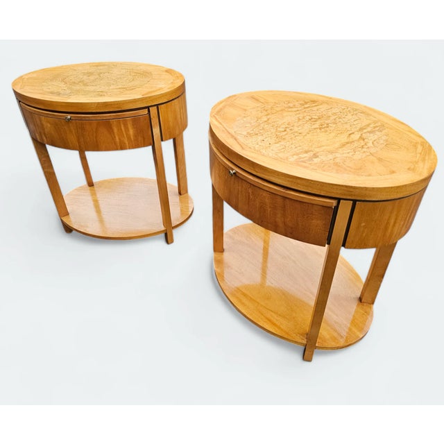 Contemporary Late 20th Century Charles Pfister for Baker Furniture Primavera and Burl Oval Nightstands - a Pair For Sale - Image 3 of 12
