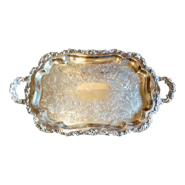Large Ornate Silver Serving Tray With Handles For Sale