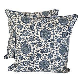 Soane Blue Persian Flower Custom Made Linen 22” Pillows- a Pair For Sale