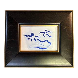 Contemporary Original Abstract Dancing Figures Blue Ink Watercolor Painting For Sale