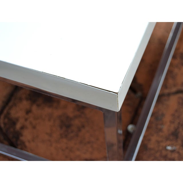 Modern White Glossy Top Chrome Coffee Table With Tempered Glass Bottom Shelf For Sale - Image 14 of 18