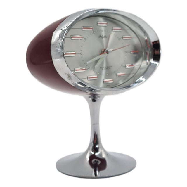 Space Age Alarm Clock in Burgundy Plastic and Chrome-Plated Metal, 1970s For Sale