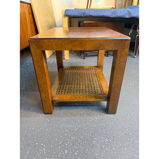 1970s 1970’s John Widdicomb Burlwood Side Table With Cane Shelf For Sale - Image 5 of 10