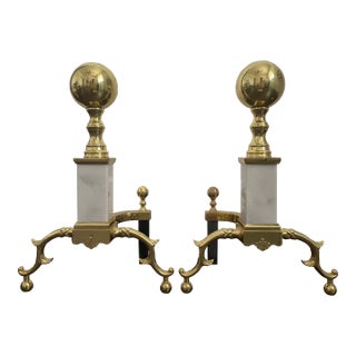 Federal Revival Brass Cannonball Andirons With Marble Accents - A Pair For Sale