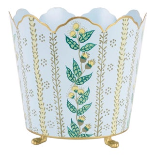 Pale Blue & Gold Floral Scalloped Bucket Tole Planter, Large For Sale