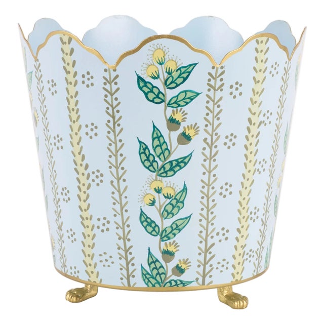 Pale Blue & Gold Floral Scalloped Bucket Tole Planter, Large For Sale