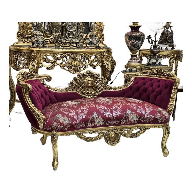 French Style Tufted Ruby Settee With Gold Details For Sale
