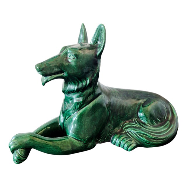 Mid-Century Emerald Green Ceramic German Shepherd Sculpture by Saint Clément ​​France, 1950s-1960s For Sale
