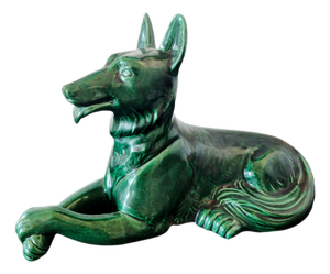 Mid-Century Emerald Green Ceramic German Shepherd Sculpture by Saint Clément ​​France, 1950s-1960s