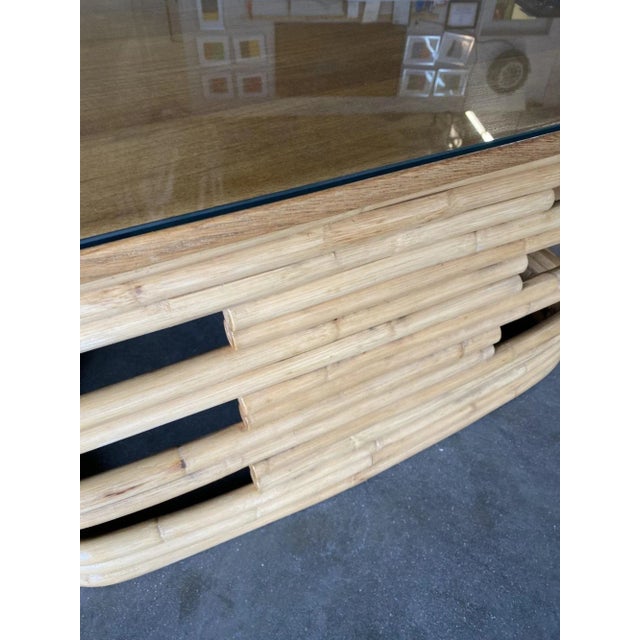 Restored Stacked Slat Rattan Coffee Table With Mahogany & Glass Top For Sale In Los Angeles - Image 6 of 9