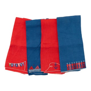 Set X 4 Nautical Embroidered Linen Hand Towels For Sale