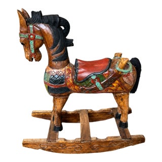 Vintage Southeast Asian Hand-Carved Painted Wood Rocking Horse Sculpture For Sale