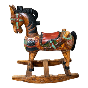 Vintage Southeast Asian Hand-Carved Painted Wood Rocking Horse Sculpture