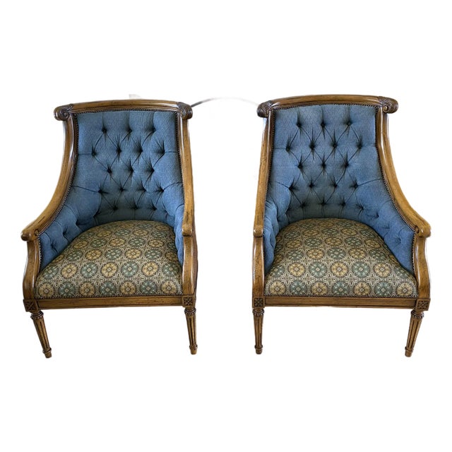 1990s Louis XV Bergère Tufted Accent Chairs Pair For Sale