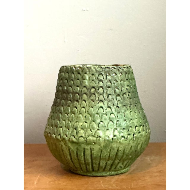 Vintage Green Textured Ceramic Vase For Sale - Image 10 of 12