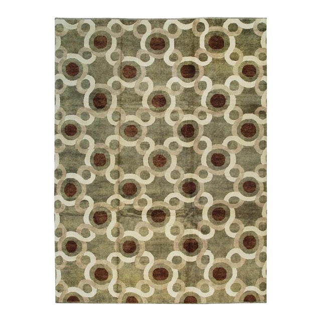 9x12 Green Hand-Knotted Wool Orbiting Concentrics Geometric Modern Carpet Rug For Sale