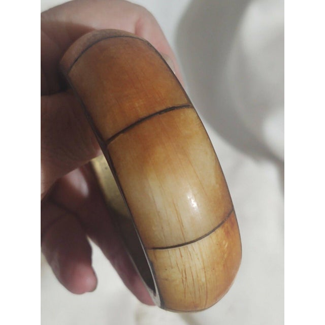 Vintage Aziono Wide Brass & Horn Bangle Bracelet For Sale - Image 4 of 4